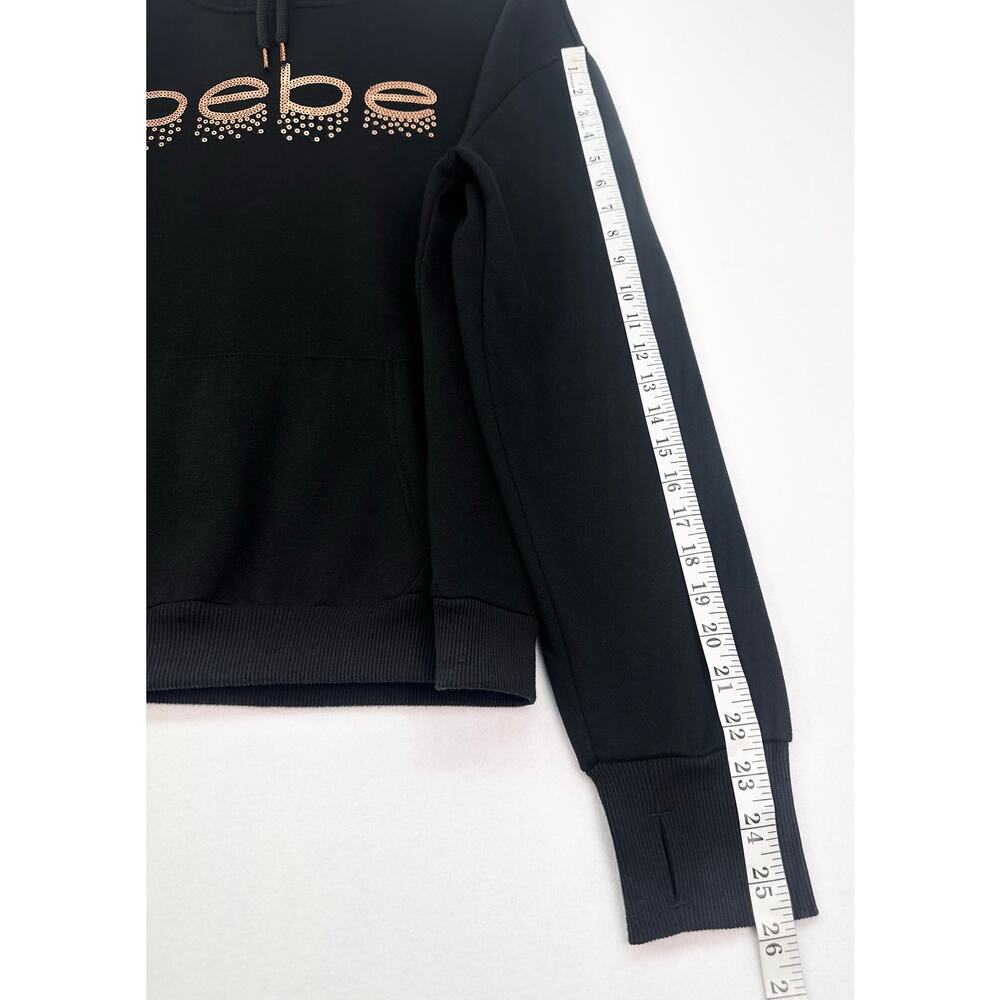 Bebe Sport Y2K Black Hoodie Rose Gold Sequin Logo Thumbhole Women’s Size L - Picture 10 of 11